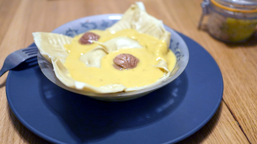 Ravioles aux gambas et foie gras crème de courges et marrons au Thermomix