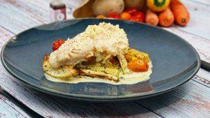 Filet de poisson à la crème d’érable, légumes d’été rôtis au thym