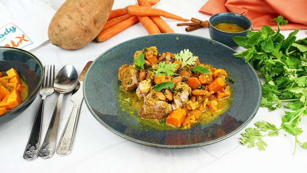 Tajine de veau aux amandes et patates douces, parfumé au Zaatar