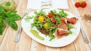 Salade de lentilles à l'italienne, vinaigrette de basilic, tomate cerise et jambon cru