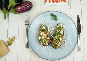 Aubergine farcie à la méditerranéenne, agneau et féta