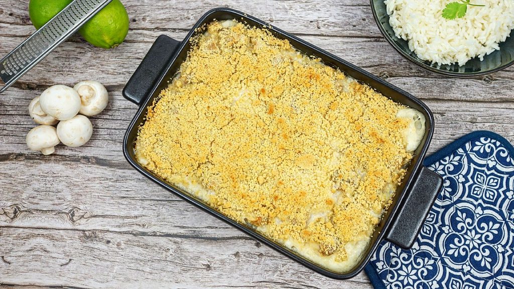 Crumble de poisson comté - citron vert et pickles de champignon