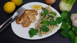 Picatta de poulet au citrons, pasta aux légumes verts
