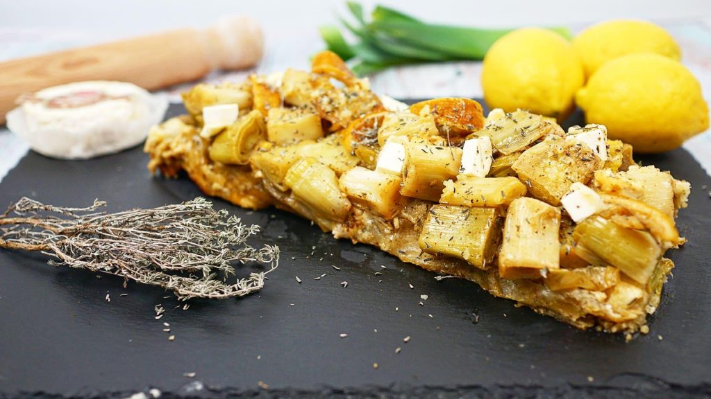 Tatin poireaux, chèvre, miel et citron confit