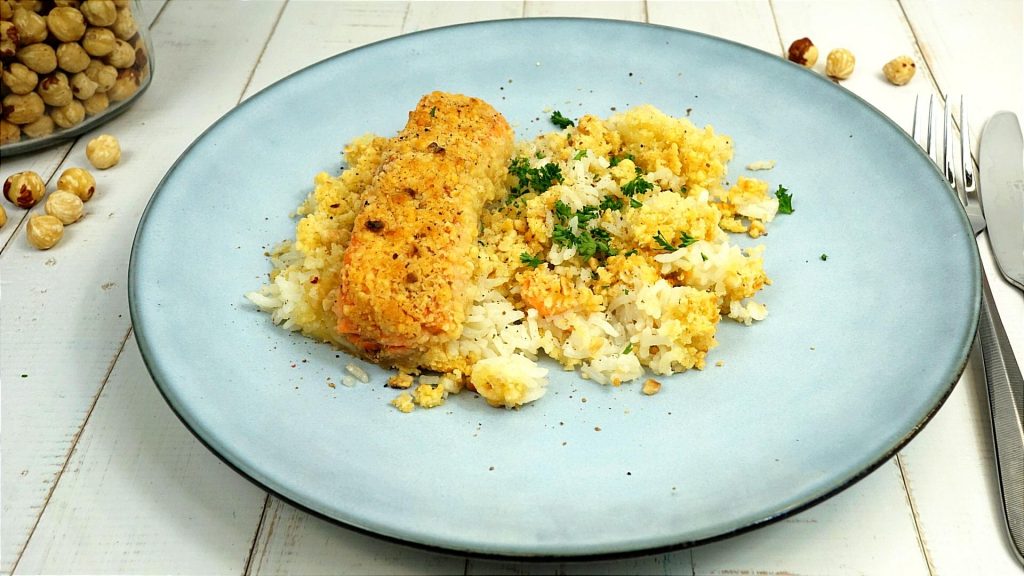 Filet de saumon et son riz IGP Camargue en croûte de noisette
