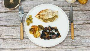 Poulet fourré aux olives, légumes rôties au zaatar