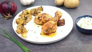 Poulet laqué au soja et sa sauce crème fraiche - ciboulette